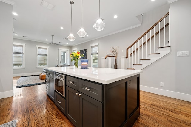 728 Allston St, Houston, TX 77007 - kitchen featuring baseboards, recessed lighting, dark wood finished floors, a ceiling fan, and decorative light fixtures