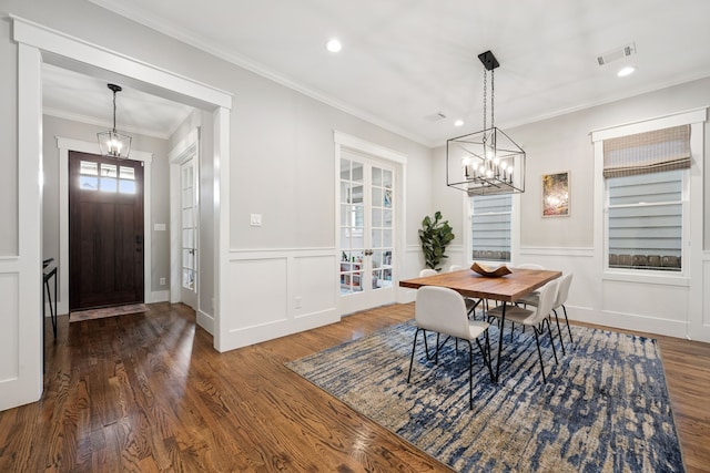 728 Allston St, Houston, TX 77007 - dining room with a chandelier, wood finished floors, recessed lighting, crown molding, and french doors