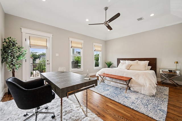 728 Allston St, Houston, TX 77007 - bedroom with multiple windows, access to exterior, dark wood finished floors, baseboards, and recessed lighting