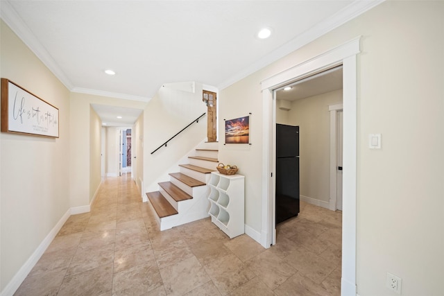 12986 Wood Harbour Dr, Montgomery, TX 77356 - hallway with crown molding, stairs, recessed lighting, and baseboards