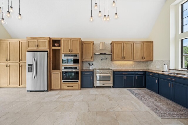 12986 Wood Harbour Dr, Montgomery, TX 77356 - kitchen featuring stainless steel appliances, wall chimney exhaust hood, a sink, decorative backsplash, and stone countertops