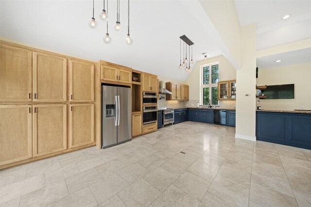 12986 Wood Harbour Dr, Montgomery, TX 77356 - kitchen with appliances with stainless steel finishes, backsplash, wall chimney exhaust hood, hanging light fixtures, and light brown cabinets