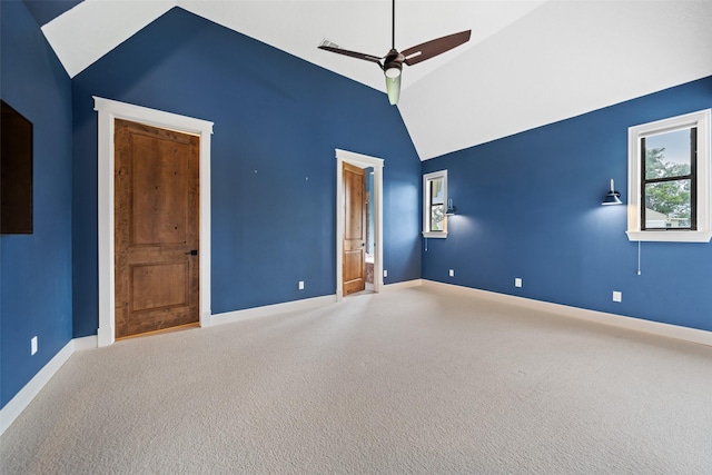 12986 Wood Harbour Dr, Montgomery, TX 77356 - unfurnished room with carpet, baseboards, high vaulted ceiling, and a ceiling fan