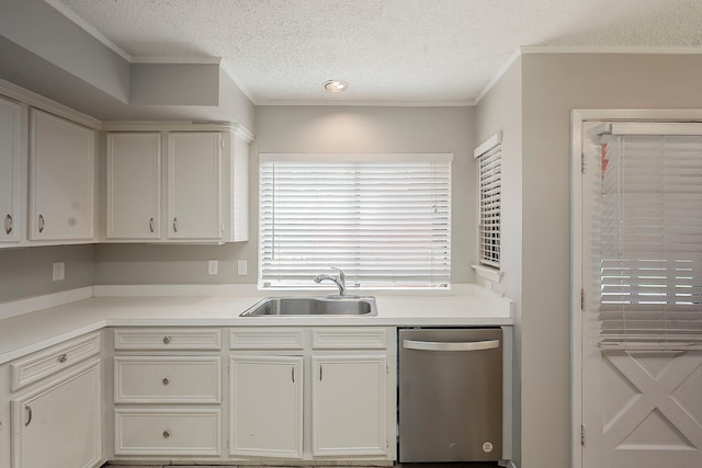 19523 Enchanted Grove Dr, Spring, TX 77388 - kitchen with dishwasher, a sink, a textured ceiling, ornamental molding, and light countertops