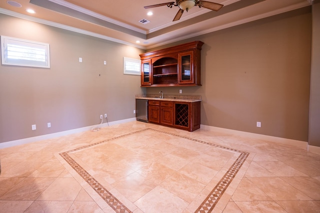 17715 Badtke Rd, Hockley, TX 77447 - bar featuring ornamental molding, inlaid floor details, a raised ceiling, a ceiling fan, and recessed lighting