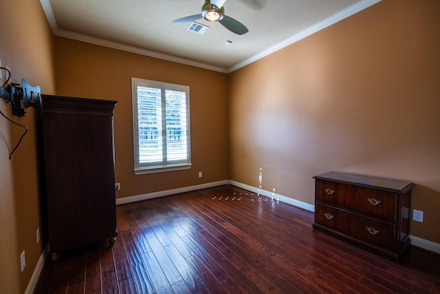 17715 Badtke Rd, Hockley, TX 77447 - unfurnished bedroom with ornamental molding, dark wood-style flooring, baseboards, and ceiling fan