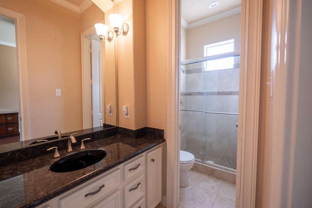 17715 Badtke Rd, Hockley, TX 77447 - bathroom featuring toilet, ornamental molding, vanity, a stall shower, and tile patterned flooring