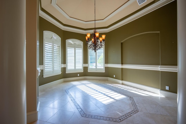 17715 Badtke Rd, Hockley, TX 77447 - spare room with inlaid floor details, a chandelier, ornamental molding, baseboards, and a tray ceiling