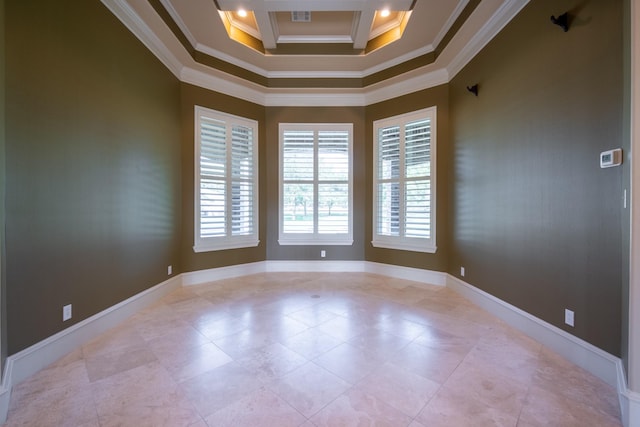 17715 Badtke Rd, Hockley, TX 77447 - spare room featuring crown molding, a raised ceiling, baseboards, and light tile patterned floors