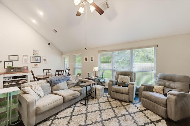 18226 Golden Falls Ln, Spring, TX 77379 - living room with a ceiling fan and high vaulted ceiling