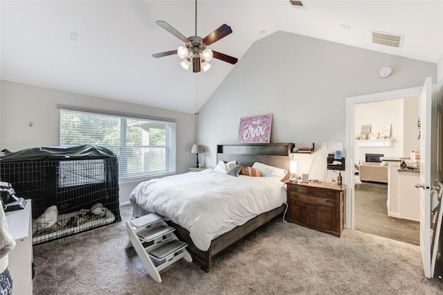 18226 Golden Falls Ln, Spring, TX 77379 - carpeted bedroom featuring high vaulted ceiling and ceiling fan
