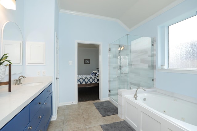 18123 Quarry Vale Dr, Cypress, TX 77429 - full bath featuring ornamental molding, a stall shower, vanity, ensuite bathroom, and a tub with jets