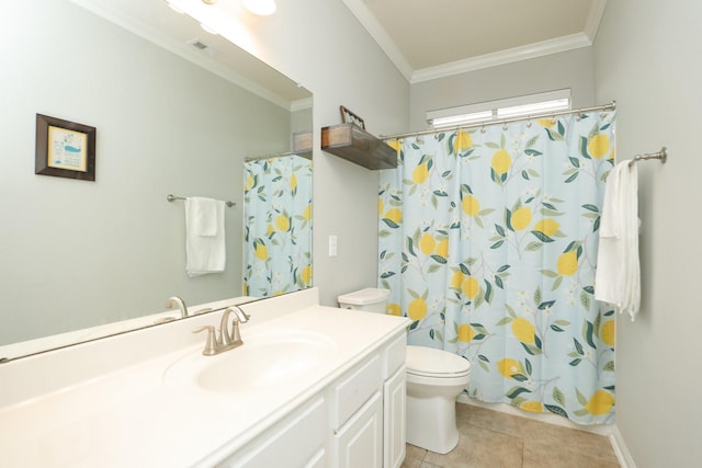 18123 Quarry Vale Dr, Cypress, TX 77429 - bathroom featuring toilet, crown molding, vanity, tile patterned flooring, and a shower with shower curtain