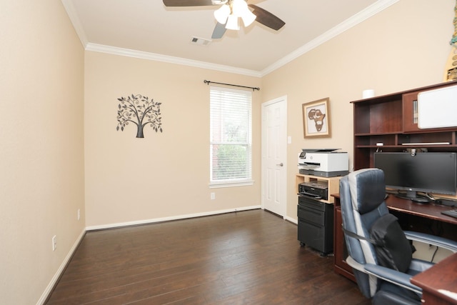 18123 Quarry Vale Dr, Cypress, TX 77429 - office area with ornamental molding, ceiling fan, dark wood finished floors, and baseboards