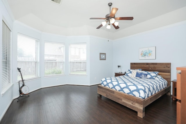18123 Quarry Vale Dr, Cypress, TX 77429 - bedroom featuring dark wood-style flooring, baseboards, ceiling fan, and ornamental molding
