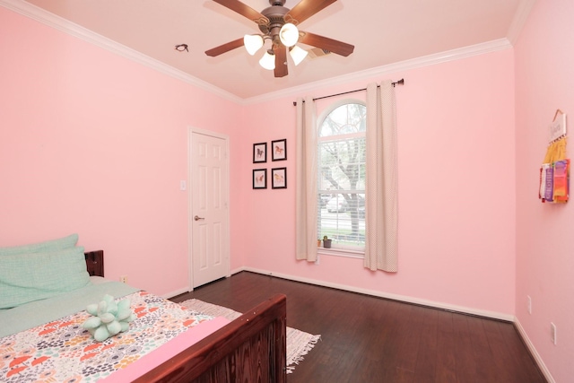 18123 Quarry Vale Dr, Cypress, TX 77429 - bedroom featuring dark wood-style floors, ornamental molding, baseboards, and ceiling fan