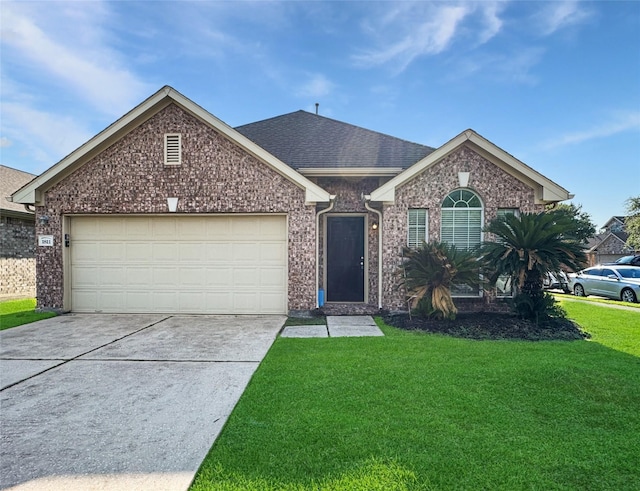 1811 Adella Dr, Houston, TX 77049 - view of front facade with driveway, a front lawn, brick siding, an attached garage, and a shingled roof