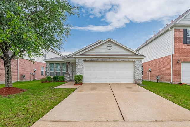 1810 Macondray Dr, Humble, TX 77396 - view of front of house featuring a front yard, driveway, an attached garage, and stone siding