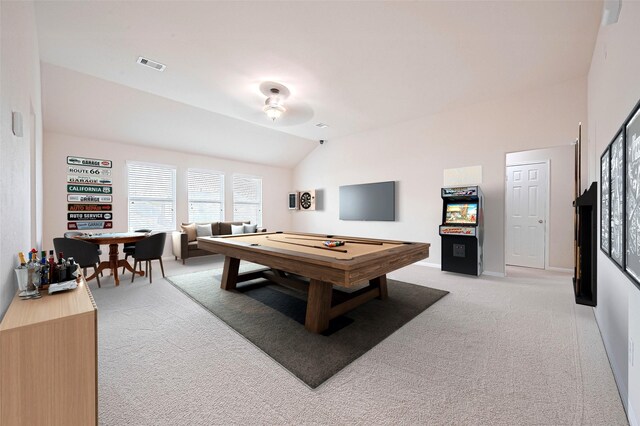 18827 Waverly Springs Ln, Cypress, TX 77429 - rec room featuring light colored carpet, lofted ceiling, billiards table, and baseboards