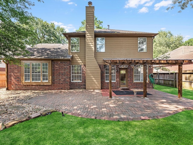 3910 Echo Mountain Dr, Kingwood, TX 77345 - rear view of property featuring a pergola, a chimney, and brick siding
