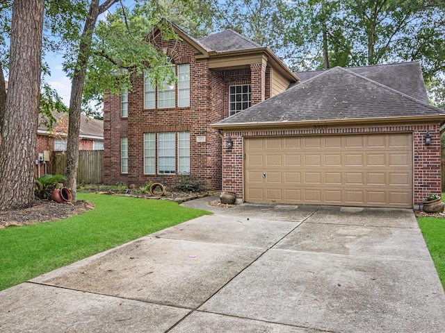 3910 Echo Mountain Dr, Kingwood, TX 77345 - view of front of home featuring brick siding, concrete driveway, roof with shingles, and an attached garage