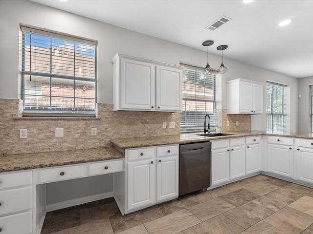 3910 Echo Mountain Dr, Kingwood, TX 77345 - kitchen featuring dishwasher, a sink, white cabinetry, backsplash, and recessed lighting