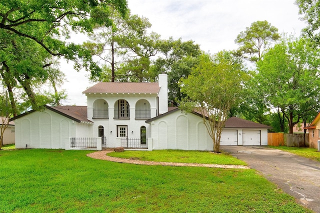 127 Red Bud Ln, Baytown, TX 77520 - mediterranean / spanish-style home with a chimney, a detached garage, and roof with shingles
