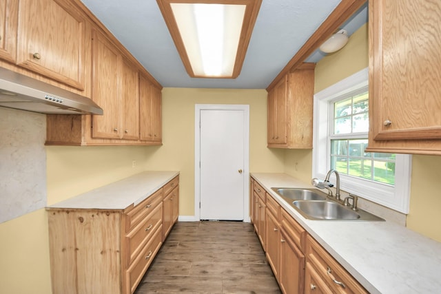 149 E Riverwood Dr, Houston, TX 77076 - kitchen featuring a sink, range hood, light countertops, and wood finished floors