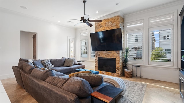5215 Feagan St Unit A, Houston, TX 77007 - living room with ceiling fan, a fireplace, crown molding, recessed lighting, and baseboards