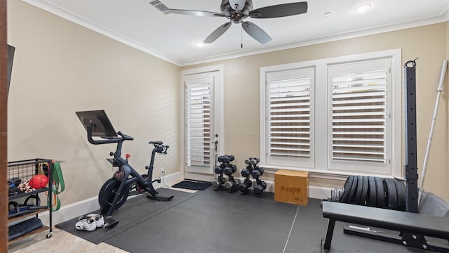 5215 Feagan St Unit A, Houston, TX 77007 - exercise area featuring baseboards, ceiling fan, crown molding, and recessed lighting