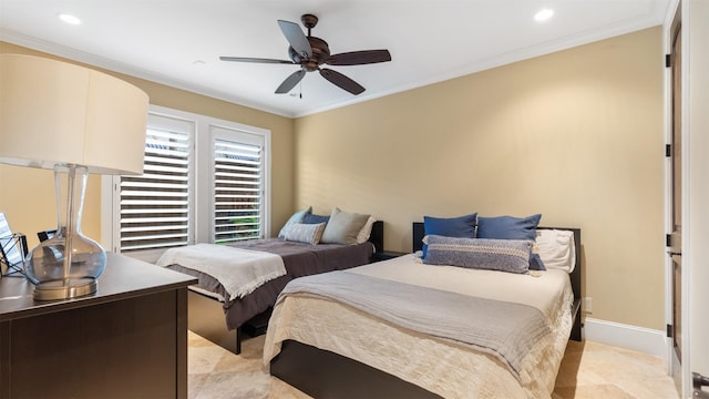 5215 Feagan St Unit A, Houston, TX 77007 - bedroom with ornamental molding, recessed lighting, ceiling fan, and baseboards