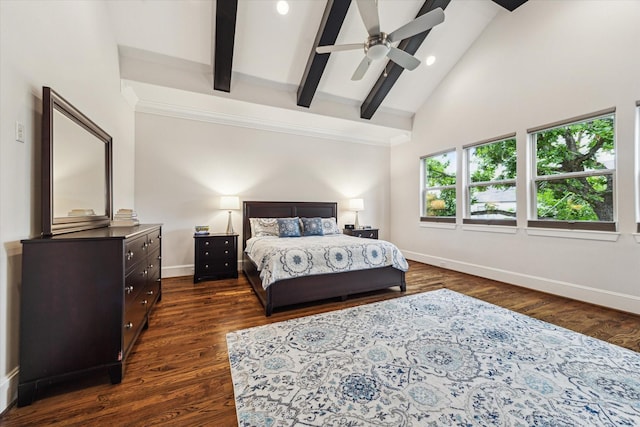 5204 Chestnut St, Bellaire, TX 77401 - bedroom featuring baseboards, beam ceiling, dark wood-style floors, high vaulted ceiling, and a ceiling fan
