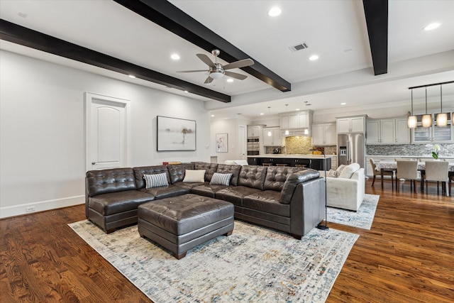 5204 Chestnut St, Bellaire, TX 77401 - living room featuring ceiling fan, beam ceiling, recessed lighting, baseboards, and dark wood finished floors