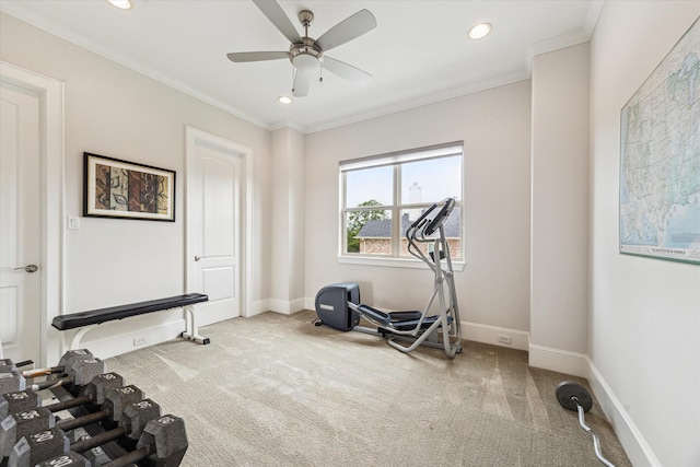 5204 Chestnut St, Bellaire, TX 77401 - exercise area with carpet flooring, a ceiling fan, ornamental molding, recessed lighting, and baseboards