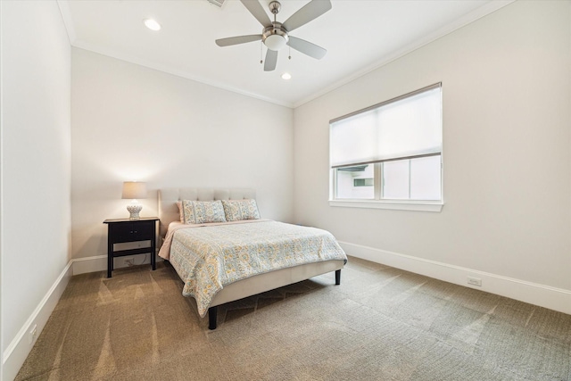 5204 Chestnut St, Bellaire, TX 77401 - carpeted bedroom with crown molding, baseboards, recessed lighting, and ceiling fan