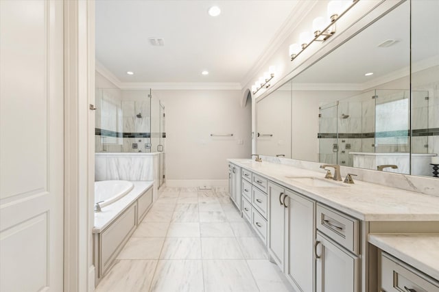 5204 Chestnut St, Bellaire, TX 77401 - bathroom featuring a shower stall, double vanity, a garden tub, marble finish flooring, and recessed lighting
