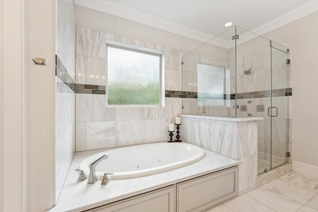 5204 Chestnut St, Bellaire, TX 77401 - bathroom featuring a jetted tub, a stall shower, ornamental molding, and marble look tiles