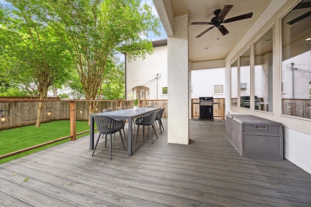 5204 Chestnut St, Bellaire, TX 77401 - wooden terrace featuring outdoor dining space and a ceiling fan