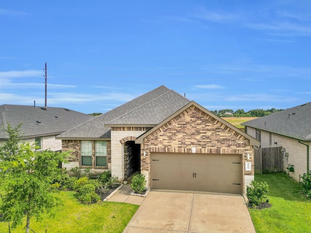 28403 Hannahs Harbor Ln, Katy, TX 77494 - french country style house with brick siding, a shingled roof, an attached garage, and driveway