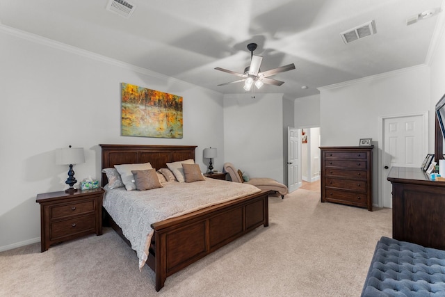14 Brywood Pl, The Woodlands, TX 77382 - bedroom featuring light carpet, ornamental molding, baseboards, and a ceiling fan