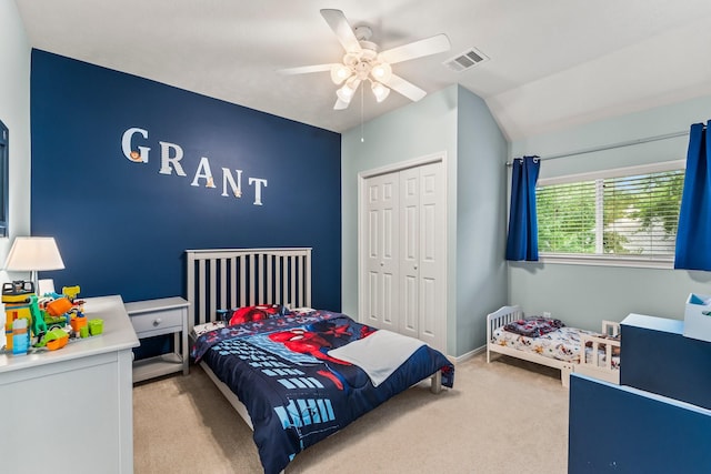14 Brywood Pl, The Woodlands, TX 77382 - bedroom with carpet, a closet, vaulted ceiling, a ceiling fan, and baseboards