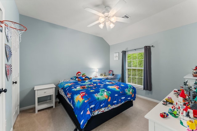 14 Brywood Pl, The Woodlands, TX 77382 - carpeted bedroom featuring baseboards, vaulted ceiling, and ceiling fan