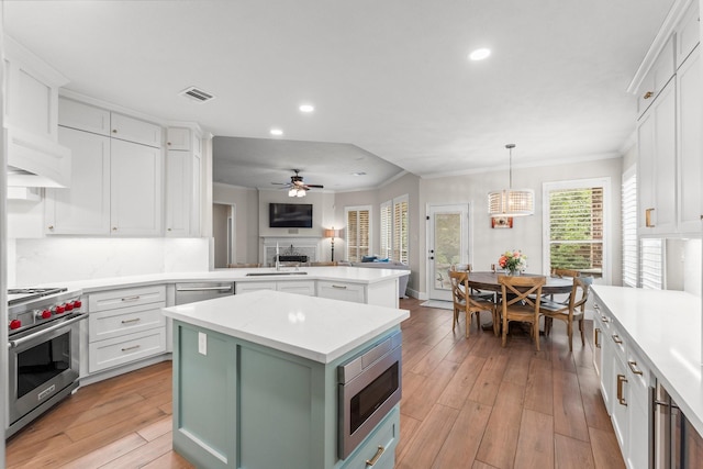 14 Brywood Pl, The Woodlands, TX 77382 - kitchen with appliances with stainless steel finishes, light wood finished floors, light countertops, recessed lighting, and white cabinets
