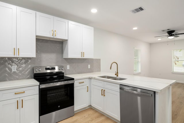 509 W Sixth St, Brenham, TX 77833 - kitchen featuring stainless steel appliances, a sink, a peninsula, decorative backsplash, and white cabinets