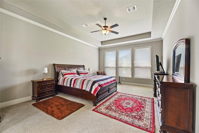 3310 Ralston Edge Ln, Houston, TX 77059 - carpeted bedroom featuring baseboards, a raised ceiling, ceiling fan, and crown molding