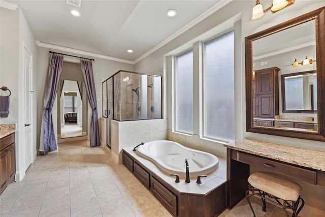 3310 Ralston Edge Ln, Houston, TX 77059 - bathroom with vanity, a stall shower, a jetted tub, crown molding, and recessed lighting