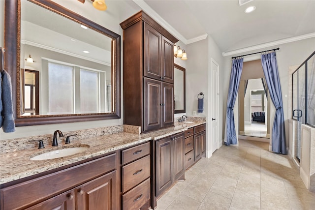 3310 Ralston Edge Ln, Houston, TX 77059 - full bathroom featuring crown molding, double vanity, a shower stall, tile patterned flooring, and recessed lighting