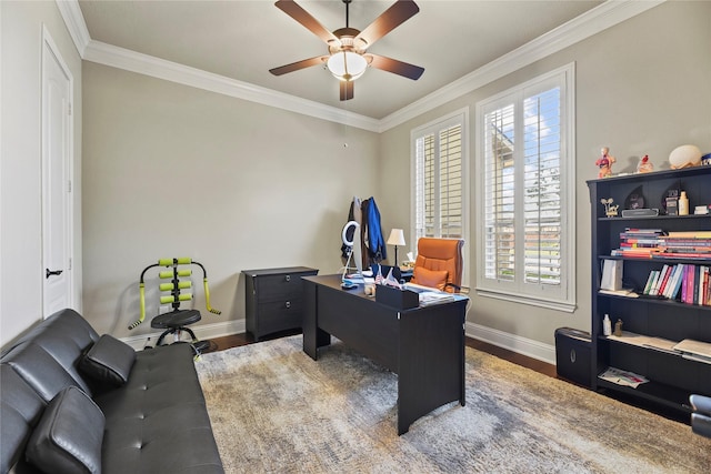 3310 Ralston Edge Ln, Houston, TX 77059 - office featuring wood finished floors, ceiling fan, ornamental molding, and baseboards