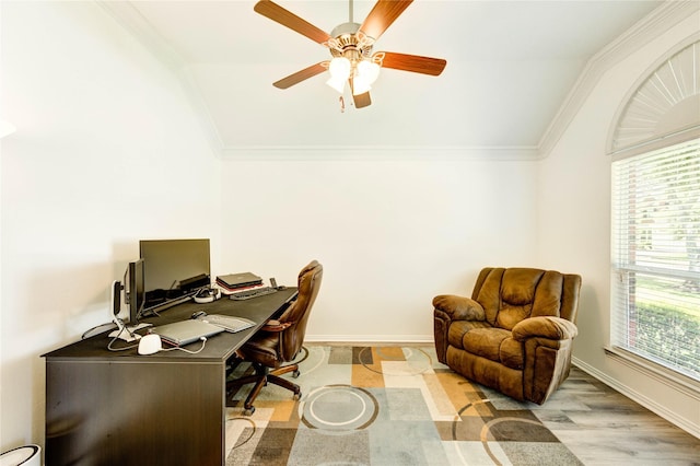 12006 Bright Landing Ct, Pearland, TX 77584 - office with lofted ceiling, crown molding, a ceiling fan, and baseboards