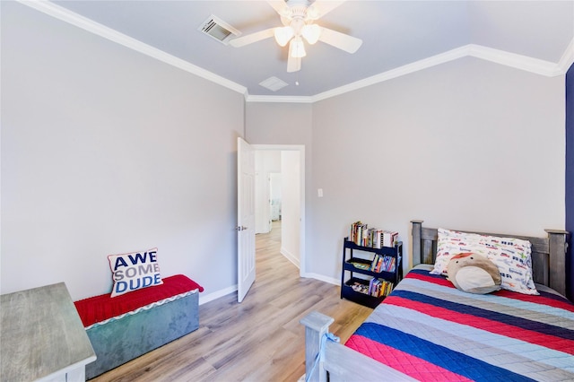 12006 Bright Landing Ct, Pearland, TX 77584 - bedroom with light wood-type flooring, baseboards, crown molding, ceiling fan, and vaulted ceiling